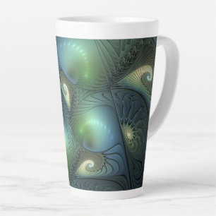Caneca De Café Latte Arte Fractal Abstrata Espiral Verde Bege Azul Teal