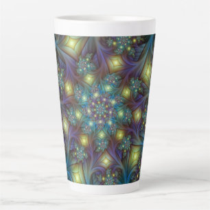Caneca De Café Latte Arte Fractal Abstrata Iluminada Brilhante Turquesa