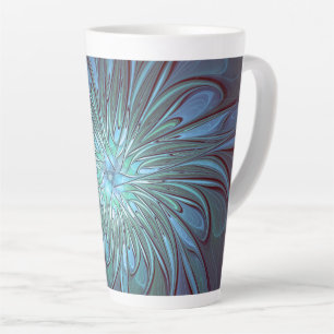 Caneca De Café Latte Arte Fractal de Flor Azul Moderno, Abstrato Trendy