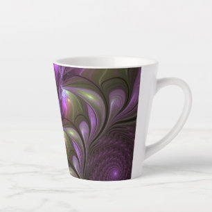 Caneca De Café Latte Arte Fractal de Khaki, Abstrato violeta e colorida