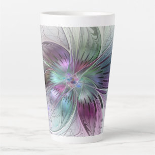 Caneca De Café Latte Arte Fractal Moderna Floral Colorida Abstrato