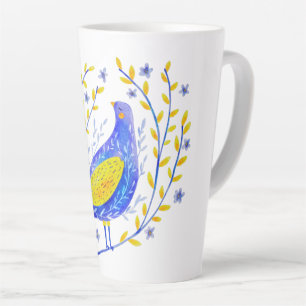 Caneca De Café Latte Arte Moderna de Pássaro Azul e Amarelo em Aquarela