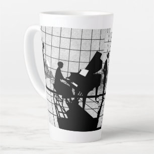 Caneca De Café Latte Arte Silhueta de Piano Estilo Art Déco Preto e B