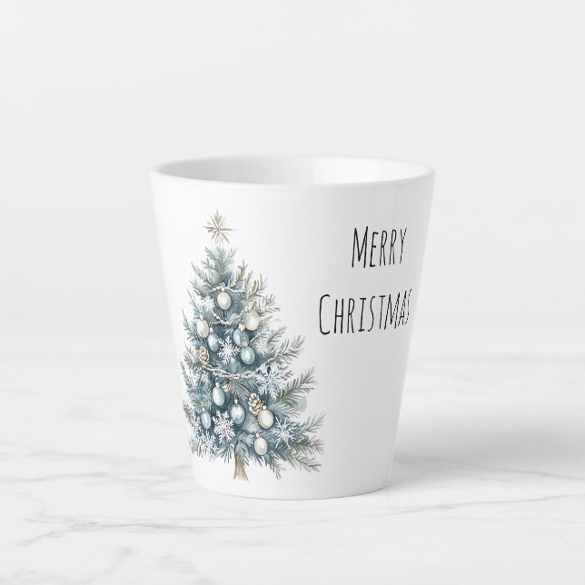 Caneca De Café Latte Árvore de Natal Azul Creme de Inverno (Frente)