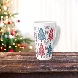 Caneca De Café Latte Árvore de Natal Vermelha e Azul Fofo Padrão Nórdic