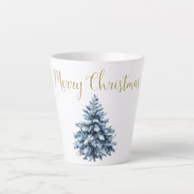 Caneca De Café Latte Árvores de Natal brancas azuis (Frente)