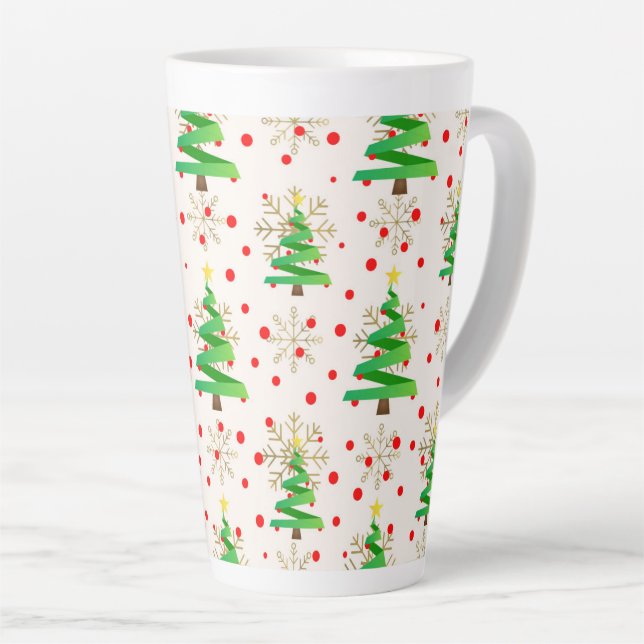 Caneca De Café Latte Árvores de Natal e Flocos de Neve Dourados (Ângulo direito)