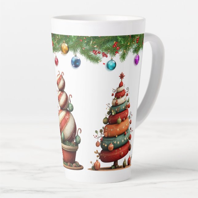 Caneca De Café Latte Árvores Topiárias de Natal Caprichosas (Ângulo direito)