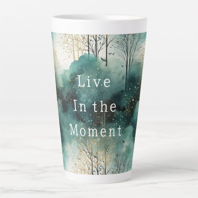 Caneca De Café Latte Árvores Verdes Douradas com Pássaros Natal (Frente)