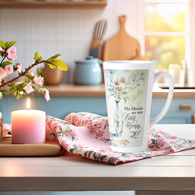 Caneca De Café Latte As compaixões dele são novas todas as manhãs (Criador carregado)