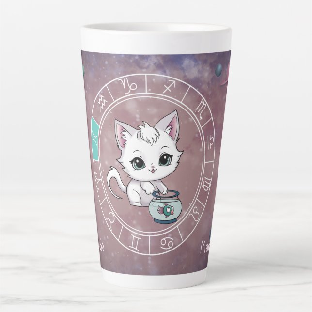 Caneca De Café Latte Astrologia do Planeta das Rodas de Gato Cute Peixe (Frente)