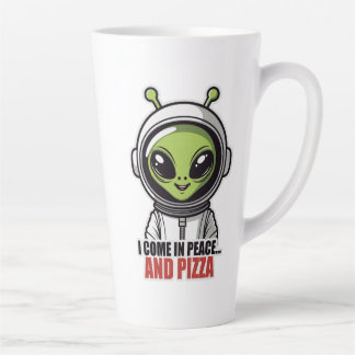 Caneca De Café Latte Astronauta Alien Fofo "Venho em Paz e Pizza"