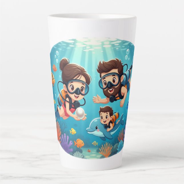 Caneca De Café Latte Aventura de Mergulho Familiar com Equipamento Autô (Frente)