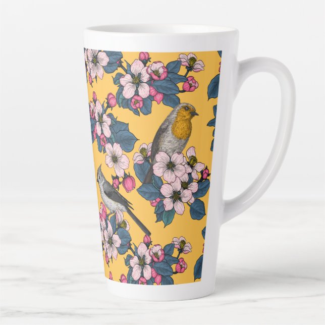 Caneca De Café Latte Aves e Blossomas em amarelo (Direita)