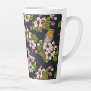 Caneca De Café Latte Aves e Blossomas em preto