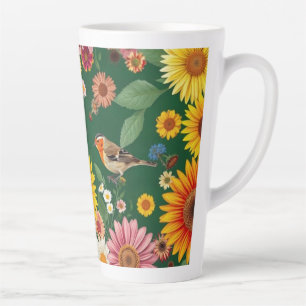 Caneca De Café Latte Aves E Flores De Fundo Verde Escuro