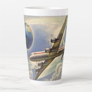 Caneca De Café Latte Avião Vintage Voando pelo Mundo em Nuvens