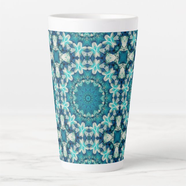 Caneca De Café Latte Azul Aqua Mandala Rosette Retro Hippie (Frente)
