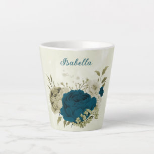 Caneca De Café Latte azul bege floral turquesa