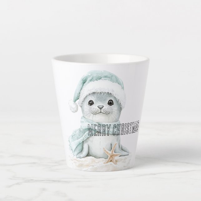 Caneca De Café Latte Azul-branco Santa Hat Scarf Seal Natal (Frente)