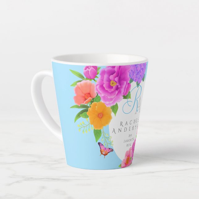 Caneca De Café Latte Azul do Jardim dos Monogramas românticos (Ângulo esquerdo)