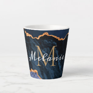 Caneca De Café Latte Azul, Dourado Marble Latão, seu nome e carta