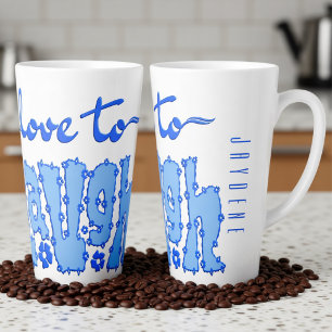 Caneca De Café Latte Azul Escuro Floral Chunky Texto Slogan Com Nome