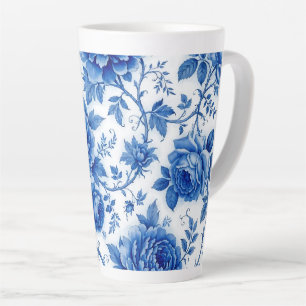 Caneca De Café Latte Azul Fluido Flores Rosas Peônias Azul Cobalto Bran