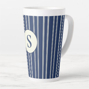Caneca De Café Latte Azul Marinho Bege Quente Listras Clássicas Elegant