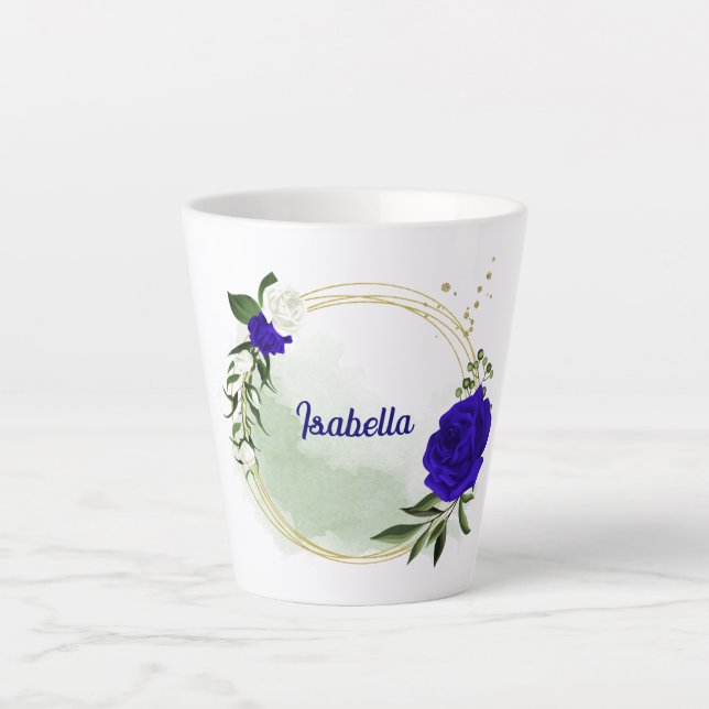 Caneca De Café Latte azul real & flores brancas folhagens (Frente)