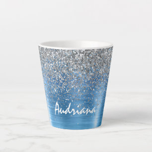 Caneca De Café Latte Azul Silver Sparkle Glitter personalizado