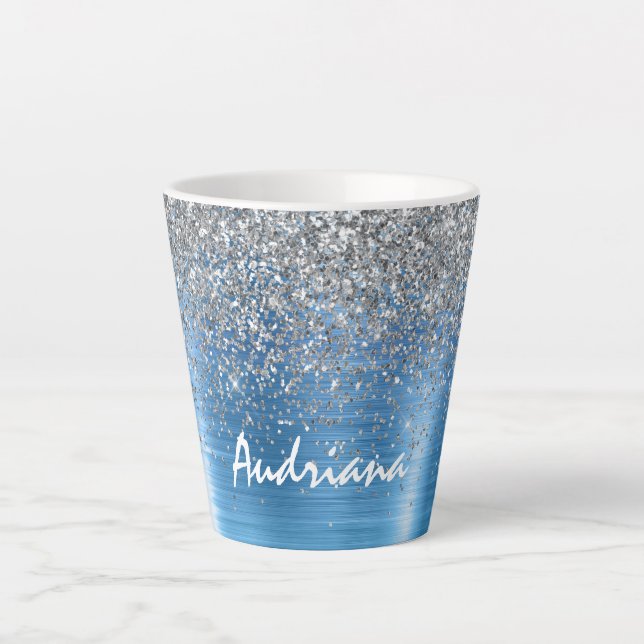 Caneca De Café Latte Azul Silver Sparkle Glitter personalizado (Frente)