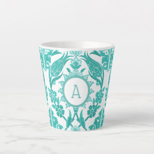 Caneca De Café Latte Azulejo Floral do Farmhouse Branco e Teal Monogr