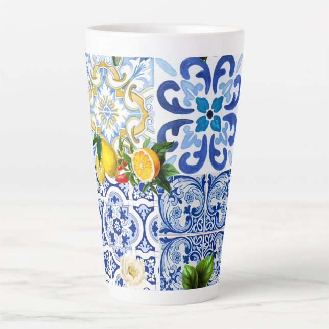 Caneca De Café Latte Azulejos do Mediterrâneo, majolica, estilo Sicilia (Frente)
