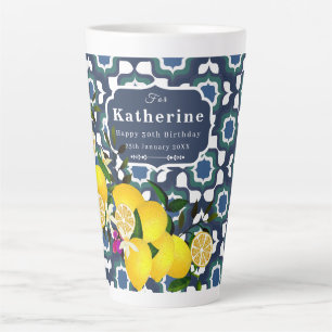Caneca De Café Latte Azulejos Mediterrâneos de Limão Azul Naval Branco