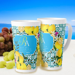 Caneca De Café Latte Azulejos Mediterrâneos Limão Azul