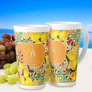 Caneca De Café Latte Azulejos Mediterrâneos Limão Laranja Verde