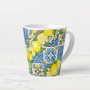Caneca De Café Latte Azulejos Sicilianos do Mediterrâneo, limões de cit