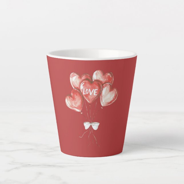 Caneca De Café Latte Balões de Amor Coração Vermelho (Frente)