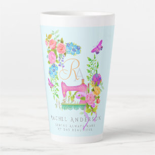 Caneca De Café Latte Banda de Separar Monograma Floral Azul