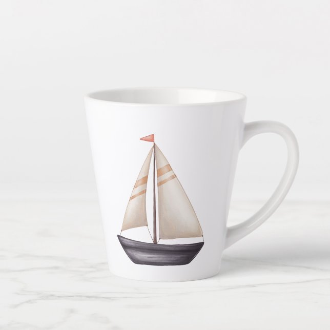 Caneca De Café Latte Barco à Vela Marrom e Nome (Direita)