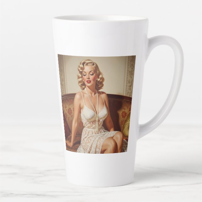Caneca De Café Latte Beautiful blonde pin-up 50's art (Direita)