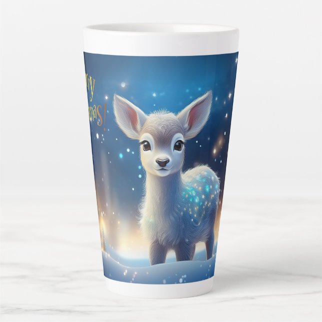 Caneca De Café Latte Bebê Reindeer com Feliz Saudação de Natal (Frente)