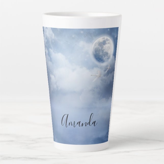 Caneca De Café Latte Belo Céu Azul com Cisnes Voadoras (Frente)