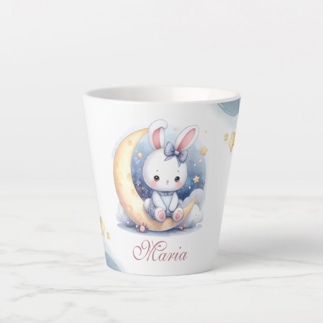 Caneca De Café Latte belo coelhinho sentado na lua (Frente)