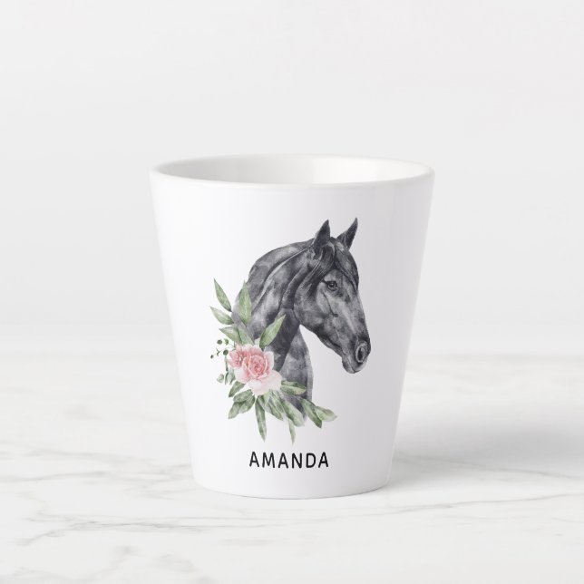 Caneca De Café Latte Belo Retrato de Cabeça de Cavalo Negro Aquarela (Frente)