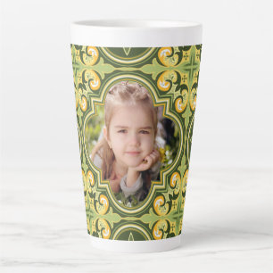 Caneca De Café Latte Belos Azulejos em oliva e amarelo, foto personaliz