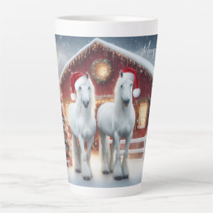 Caneca De Café Latte Belos Cavalos Brancos vestindo chapéus de Santa