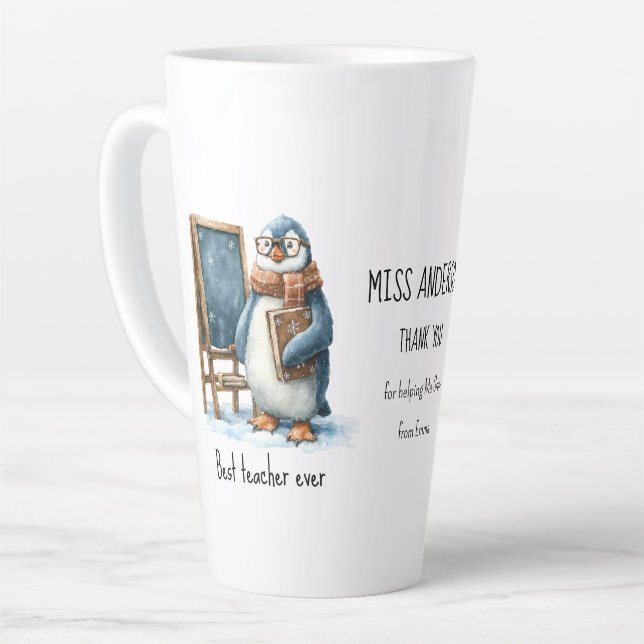 Caneca De Café Latte Best Teacher Ever Winter Penguin Design (Ângulo esquerdo)