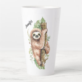 Caneca De Café Latte Bicho-Preguiça & Folhas Tropicais em Aquarela Fofa
